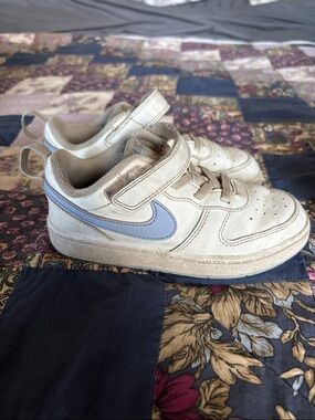 Nike Kids White Sneakers with Light Blue Swoosh